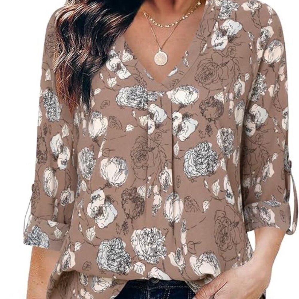 Youtalia Tan Brown Floral Popover Blouse Office Business Casual Size Medium NWT